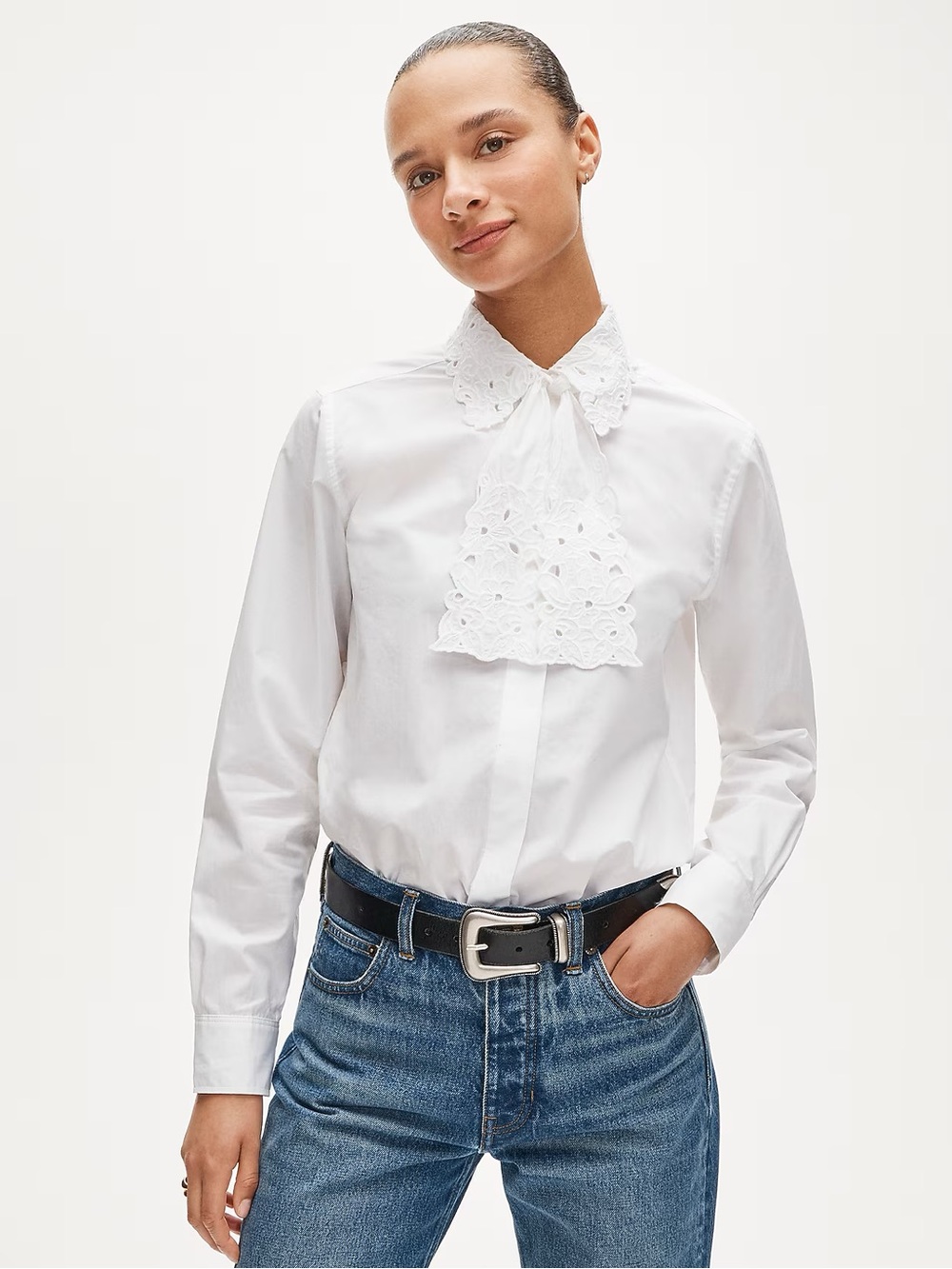 J. Crew White Eyelet-Trim Tie-Neck Poplin Shirt - Picture 2 of 5